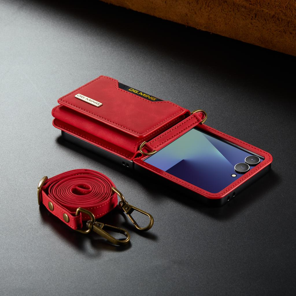 Crossbody Auto Leather Phone Case for Samsung Galaxy Z Flip 7 Flip6 5 4 3 Long Strap Metal Button Card Slot Wallet Stand Cover
