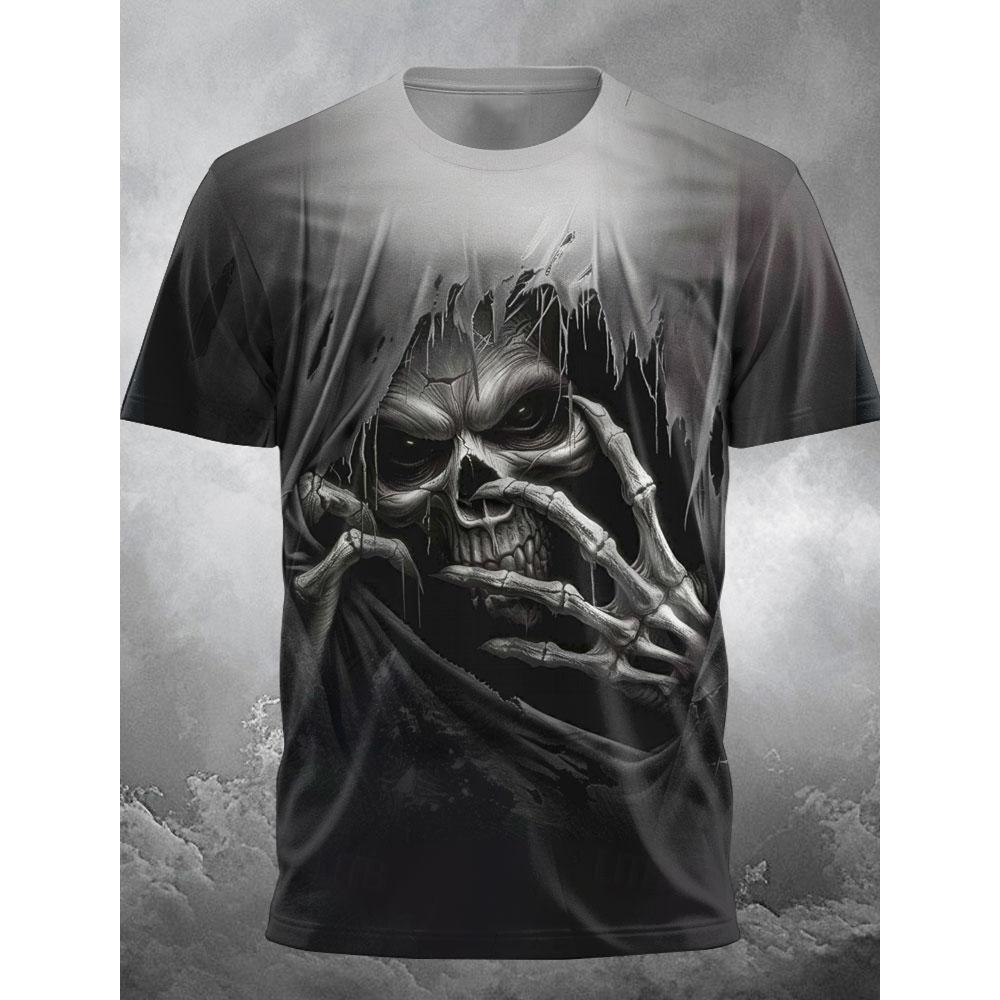 Men's Breathable Skull Print Round Neck T-shirt with European and American Style for Summer Outdoor Parties and Halloween