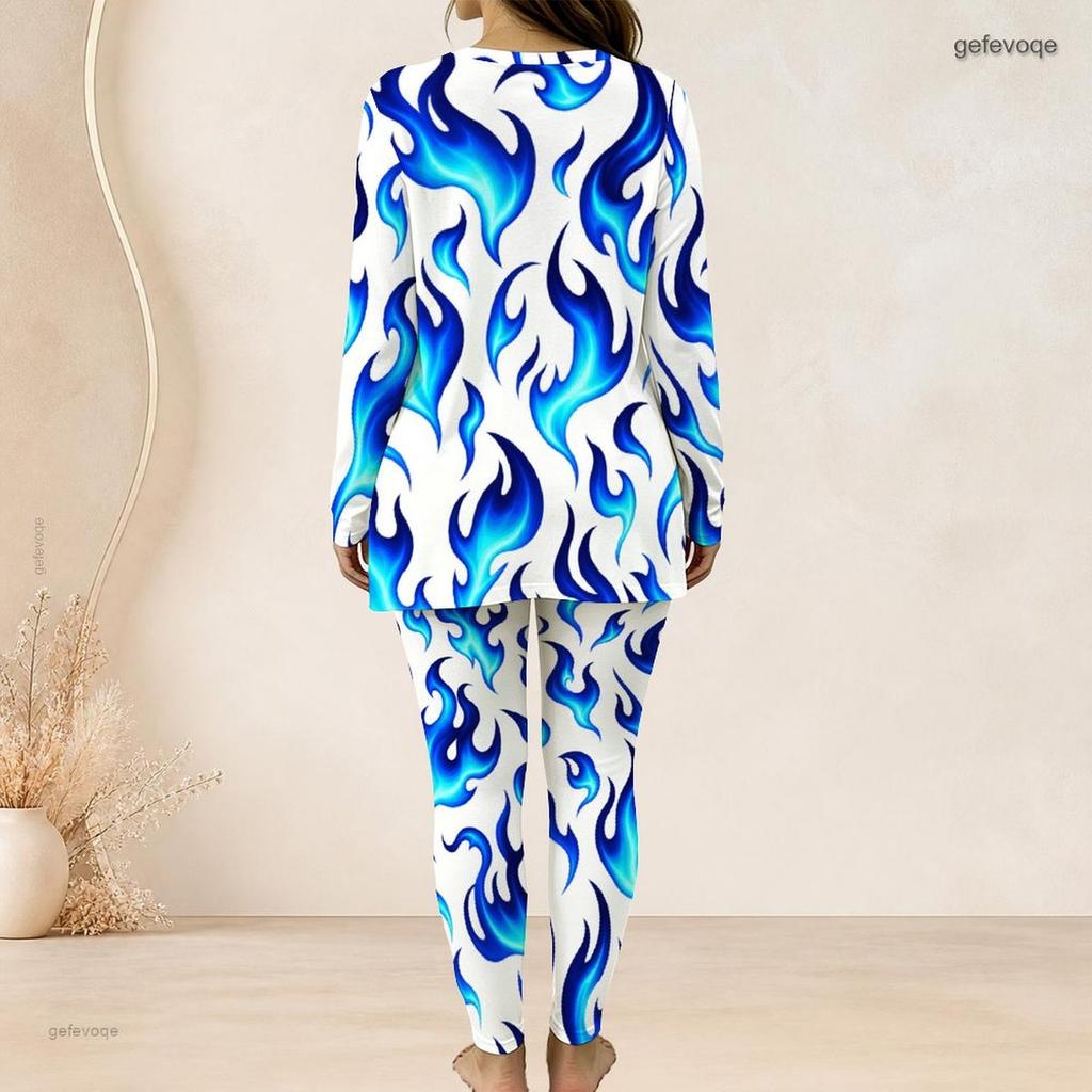 Women Plus Size White Red Black Printed Two Piece Set Round Neck Long Sleeve Longline Top Fitted Pants