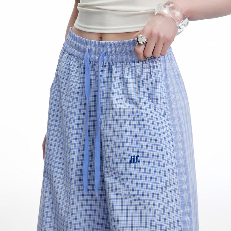 UNIFREE Blue Plaid Casual Wide-Leg Pants