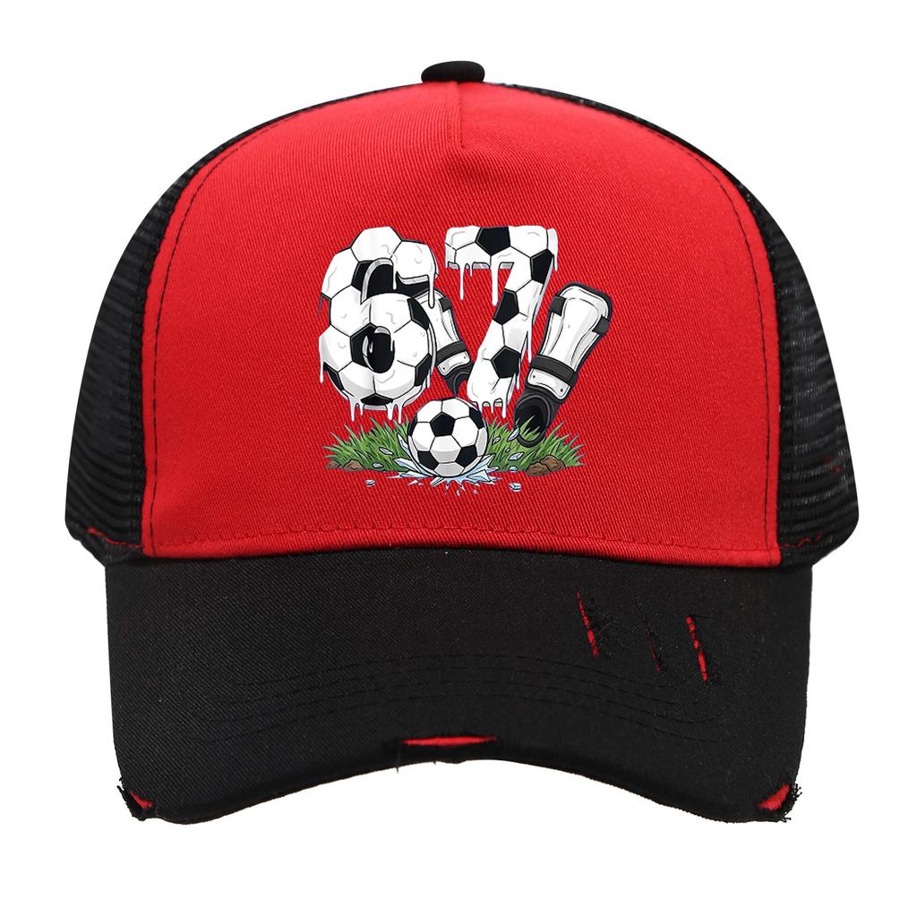1PC Mesh Trucker Hat, Breathable, Distressed Brim, 3D Soccer 67 Print, Retro Streetwear for Men Women