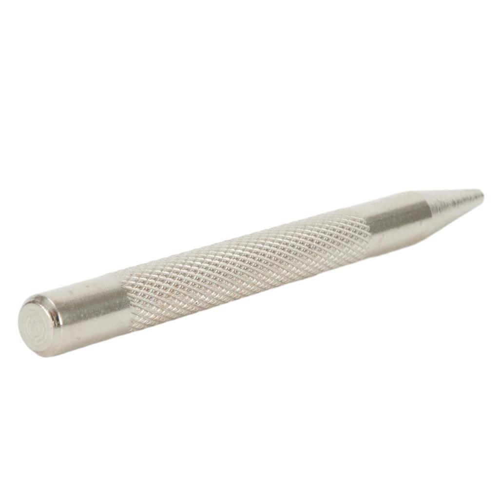 Knurled center punch tool made of hardened carbon steel for creating precise dots and marks on metal workpieces before drilling