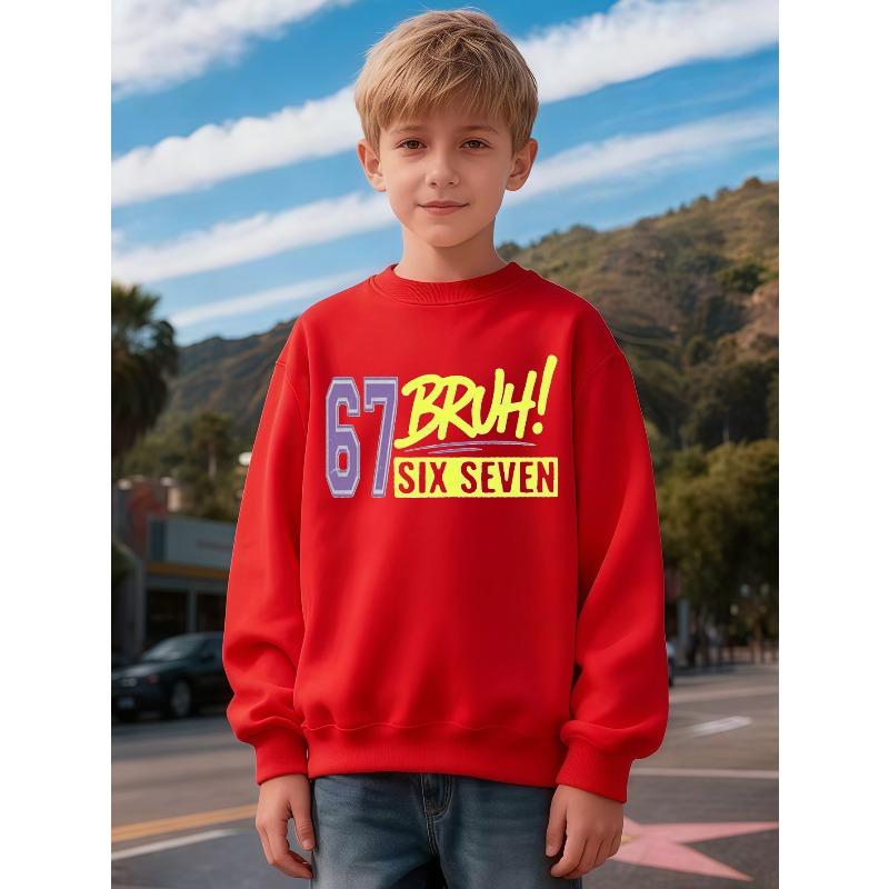 Kids Unisex Crewneck Sweatshirt, Retro 67 BRUH SIX SEVEN Letter Print Long Sleeve Pullover, Boys Girls Casual Sweatshirt For Kids Over 4 Years Old