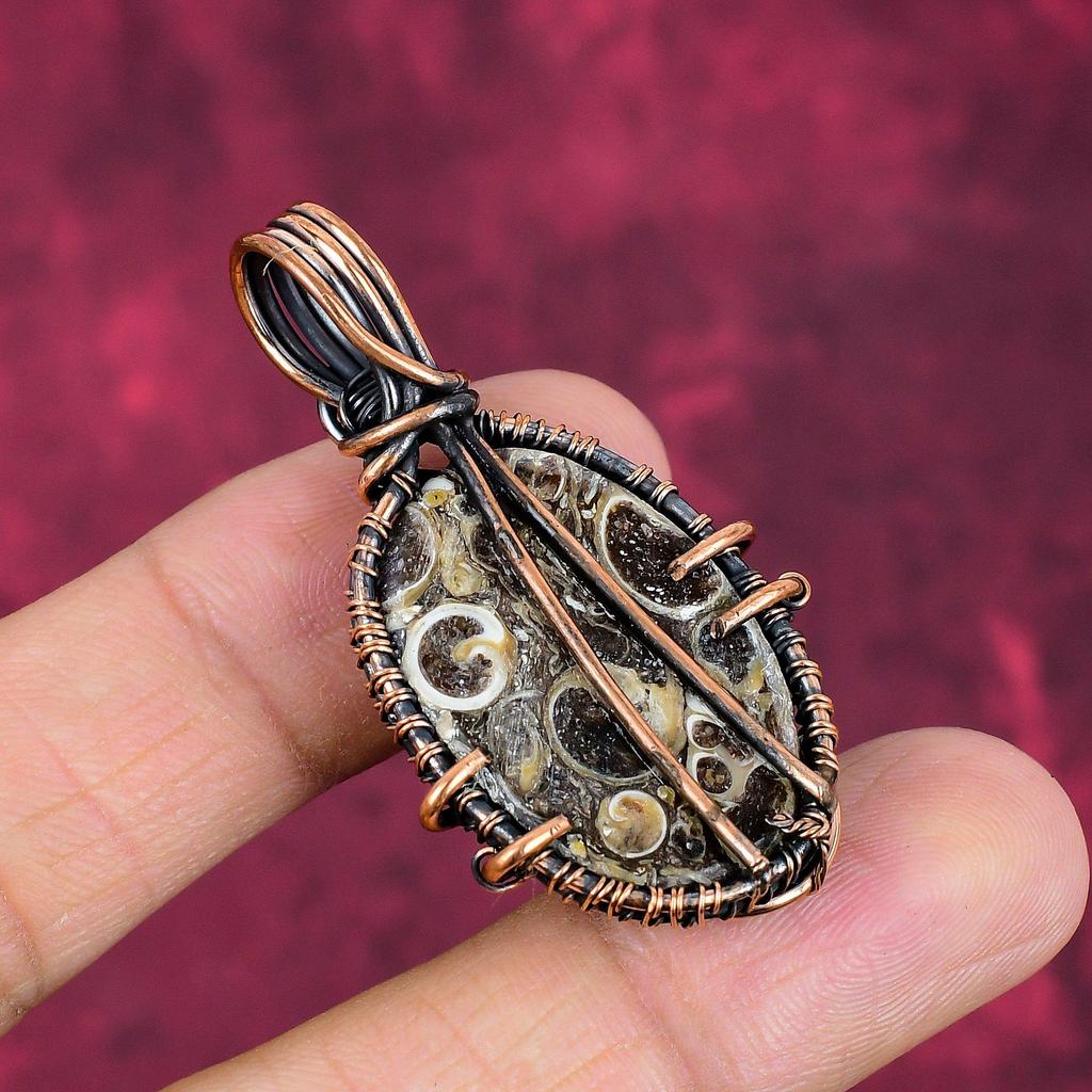 Turritella Agate Gemstone Pendant Copper Wire Wrapped Jewelry Handmade Pendant