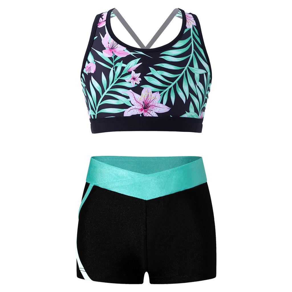 Completo Sportivo da Ragazza Senza Maniche Scollo a U Spalline Incrociate sulla Schiena Crop Top Stampato Pantaloncini a Vita Bassa Elastica