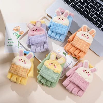 7–15 Jahre Kinder Jungen Mädchen Hausaufgaben Handschuhe süße Kaninchen Ohr Halbfinger Flip Cover Winter warme Handschuhe gestrickte Kälteschutz Fäustlinge
