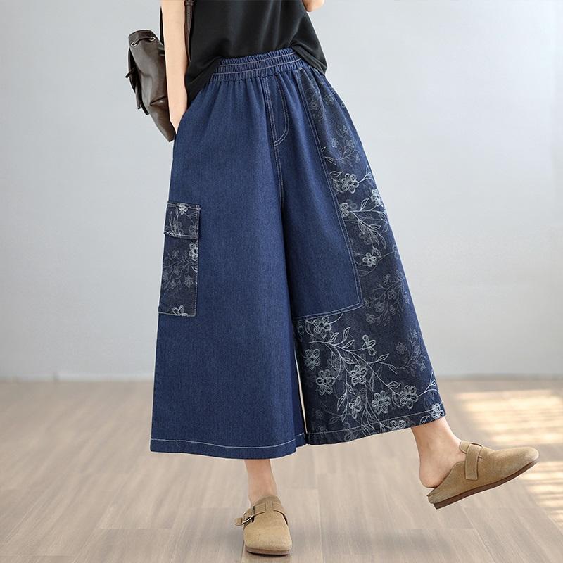 patchwork plus size Vintage floral high waist casual loose Women spring summer jeans denim wide leg Pants