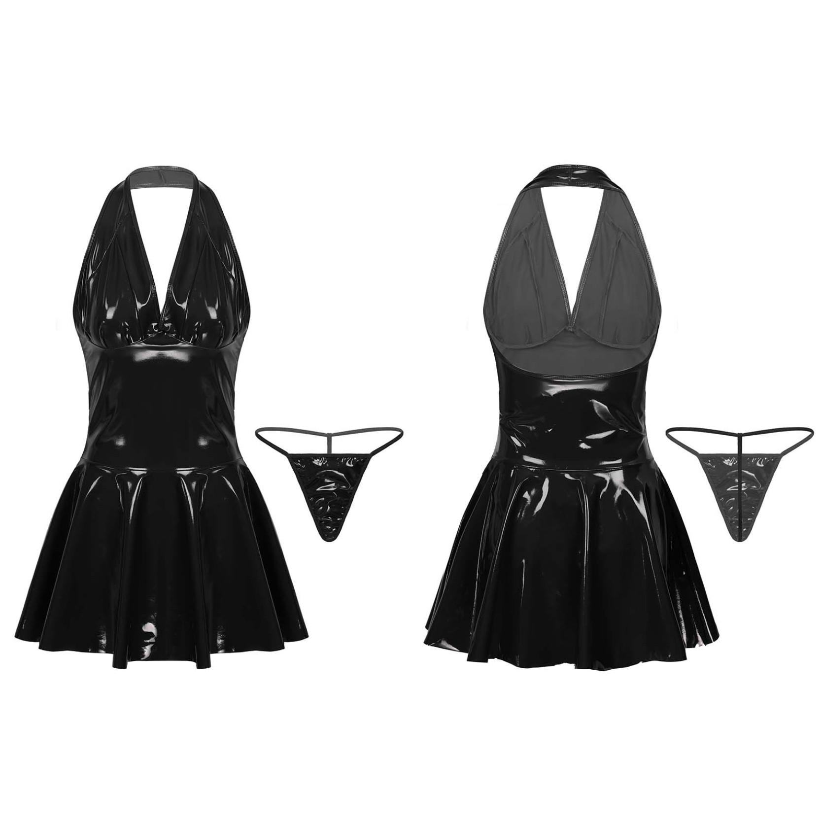 

Женское плиссированное мини-платье из искусственной кожи без рукавов с открытой спиной, платье трапециевидной формы, сексуальная клубная одежда, костюмы для коктейлей 2XL чёрный