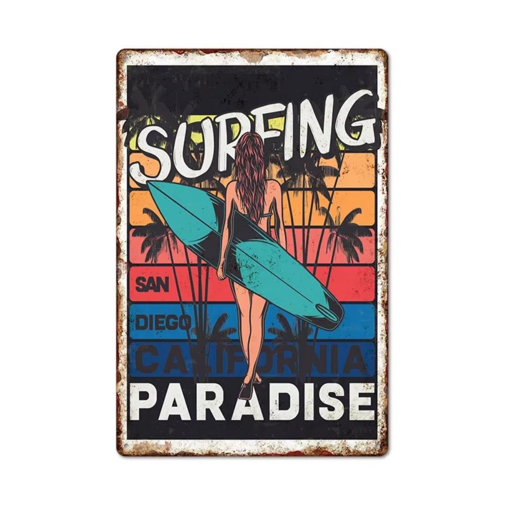 Vintage Tin Art of Summer Surfboards: Ideal for American Bar Backdrops and Home Decor Wall Murals