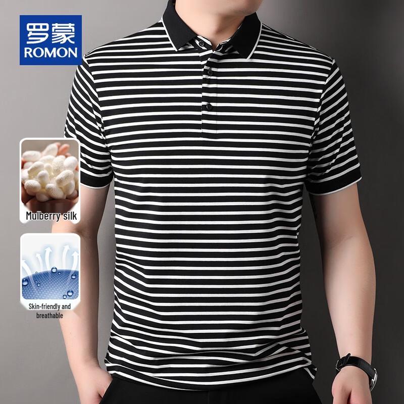 ROMON Men's Cooling Silk Blend Striped Polo Shirt
