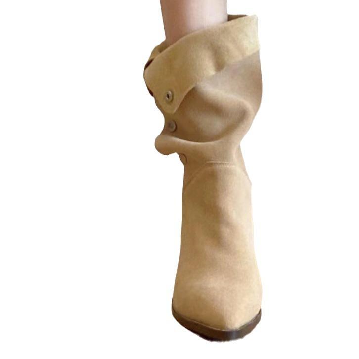 Retro temperament matte pile boots women's new one shoe two wear thick heel pleated boots pointed button medium boots