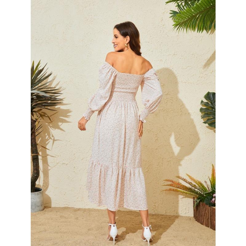 YYFS Women's Fashion Spring Fall Flower Pattern Print Long Sleeve One Shoulder Loose Waistline Casual Dresses