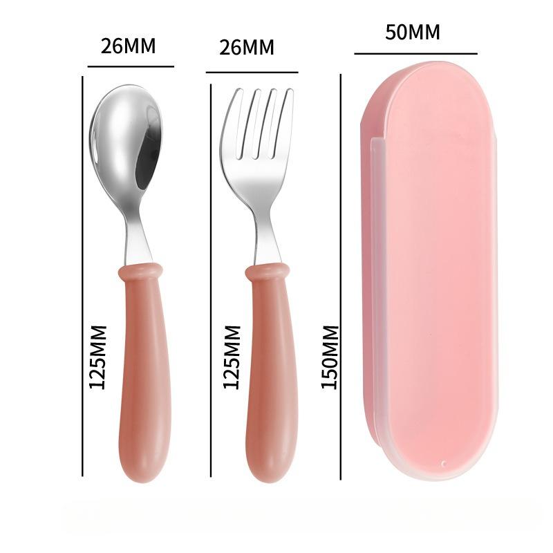 Stainless Steel Children's Spoon and Fork Set, Three-Piece Set Baby Tableware Maternity Gift Round Handle Spoon and Fork