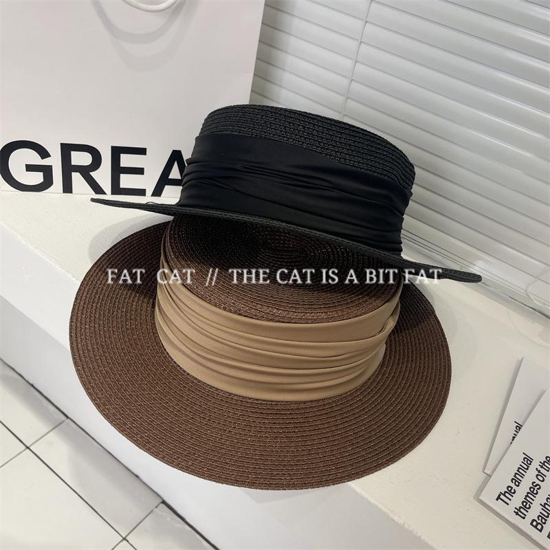 Folded ribbon flat top straw hat women's summer travel sun protection flat top hat vacation hat fashion versatile top hat