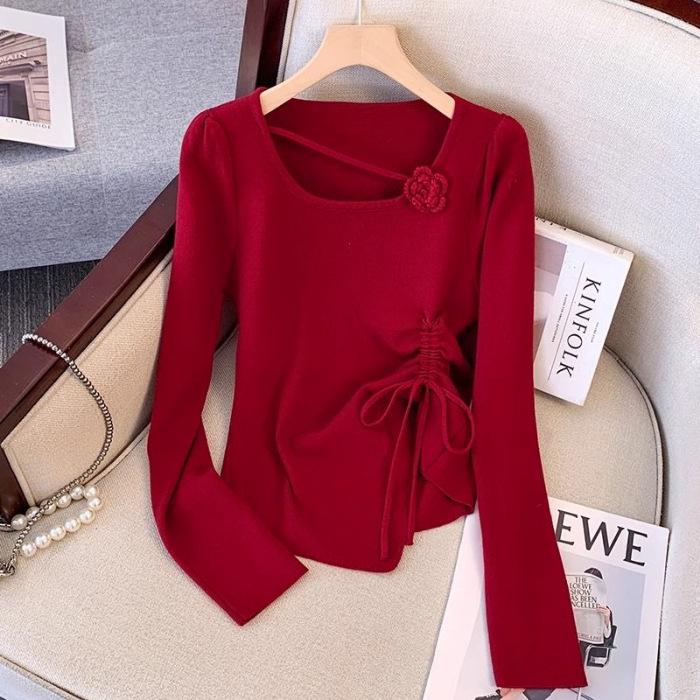 Elegantes 3D-Blumen-Aprikosenfarbenes Schlankheitstop für Damen - Eckiger Ausschnitt, Herbst-/Winter-Schicht