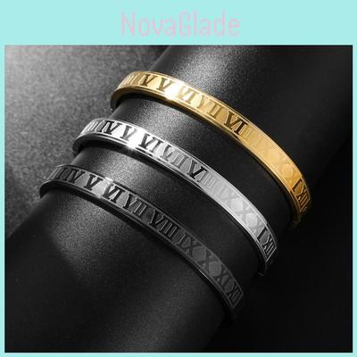 Large Roman Numerals Stainless Steel Cuff Bracelet With Geometric Style For Couples And Giftgiving