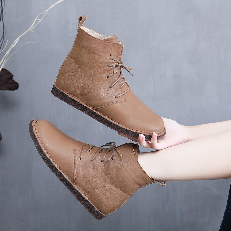 Handmade 100% Genuine Leather Short Boots Women's Flat Heel Big Head Boots Women Leisure Shoes Warm Women Boots
