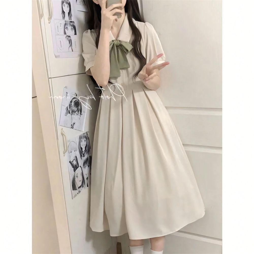 

Forest-Style Sweet First Love Polo Bow Dress for Girls - Korean Summer A-line Skirt S [80-90 lbs] абрикосовый