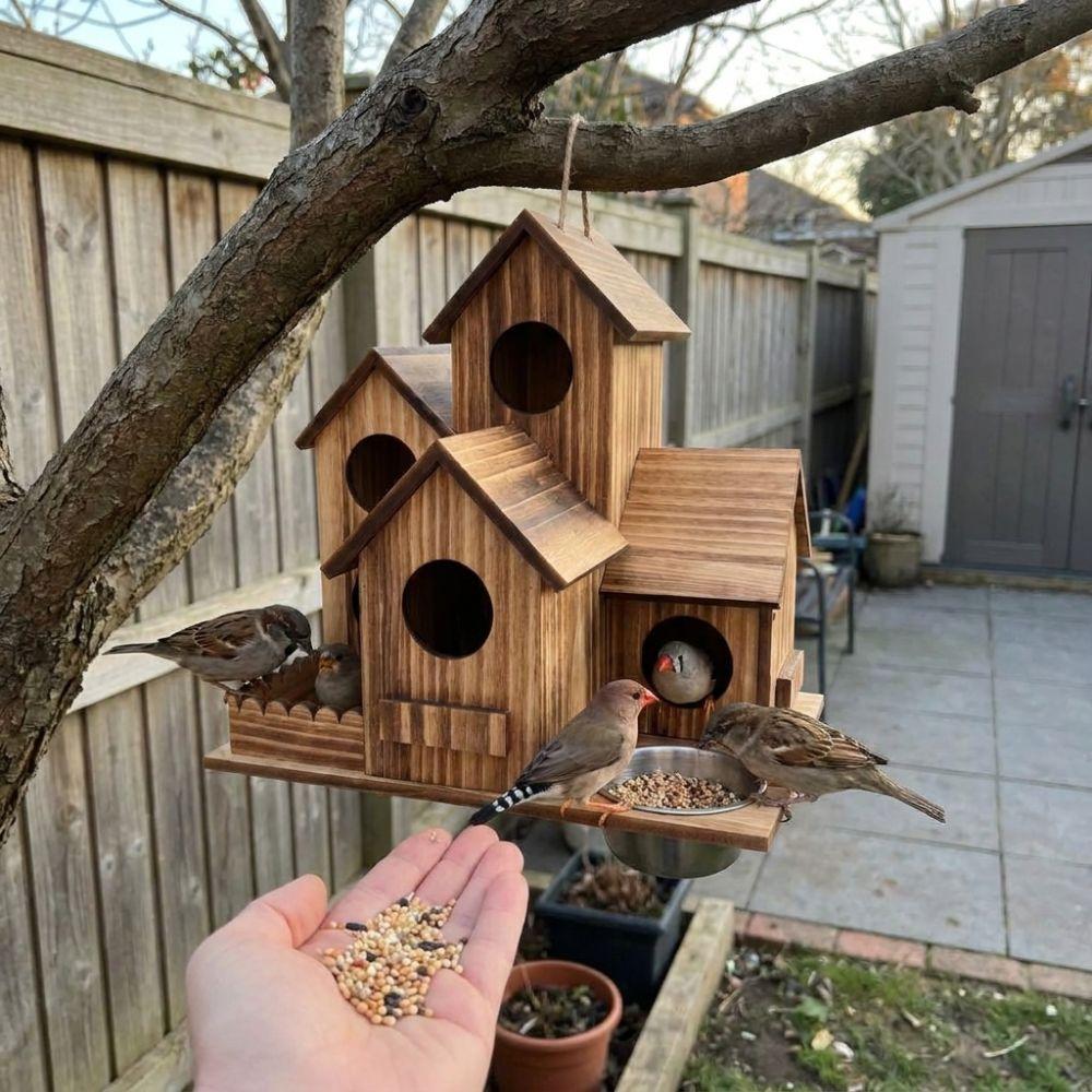 Rustic Style Wooden Bird House Feeder Weather Resistant Hanging Birdhouse Outdoor Use
