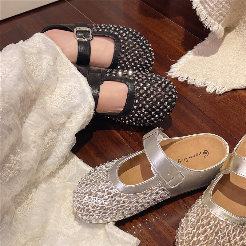 Inner Heightened Thick-soled Bag Head Half Slippers, Women's 2025 Summer Models, Outer Wear Casual One-pedal Rhinestone Fishing Net Cool Slippers
