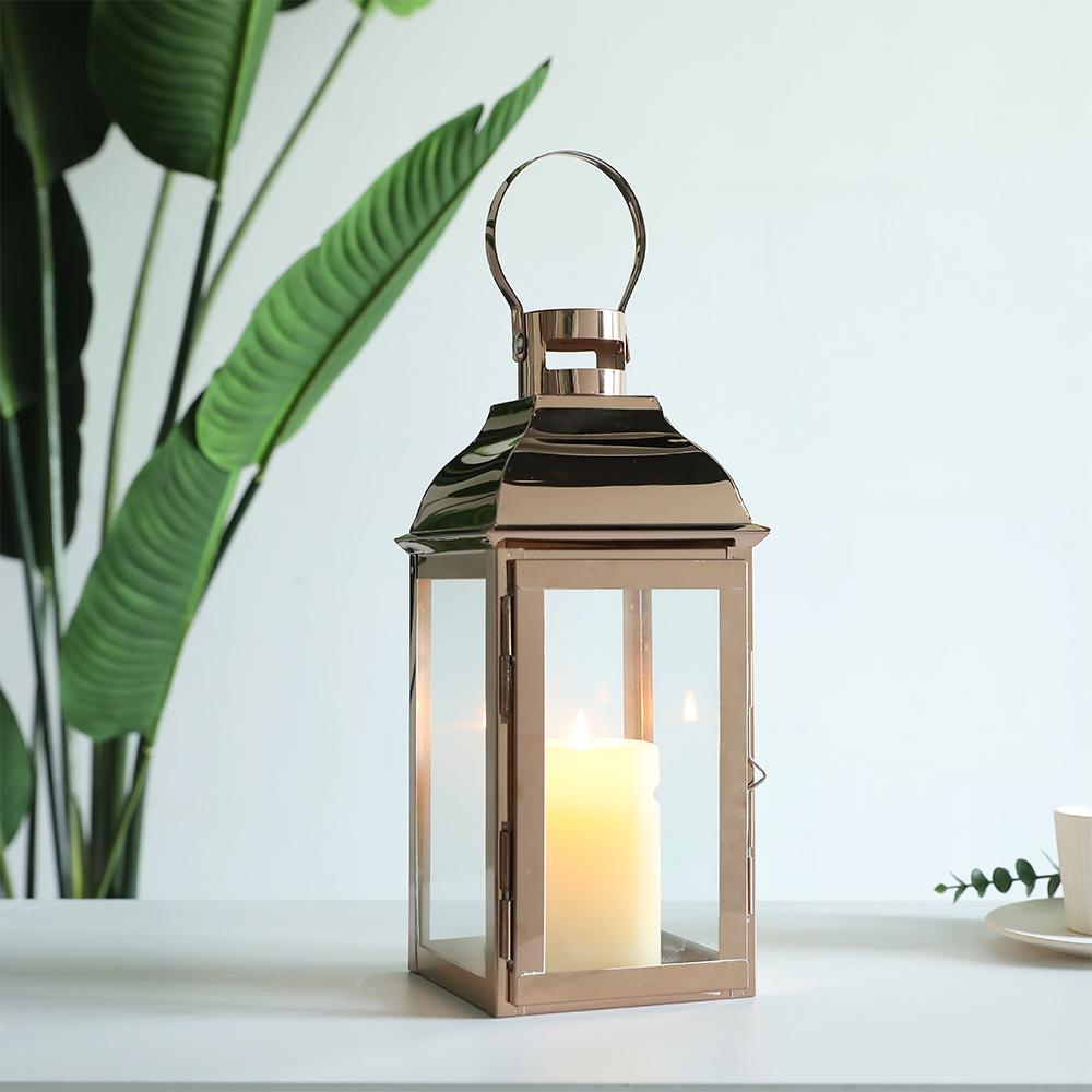 Stainless Steel Candle Holder Lanterns Vintage Rose Gold  Hanging Candle Lantern for Indoor Outdoor Wedding Home Decor Vintage