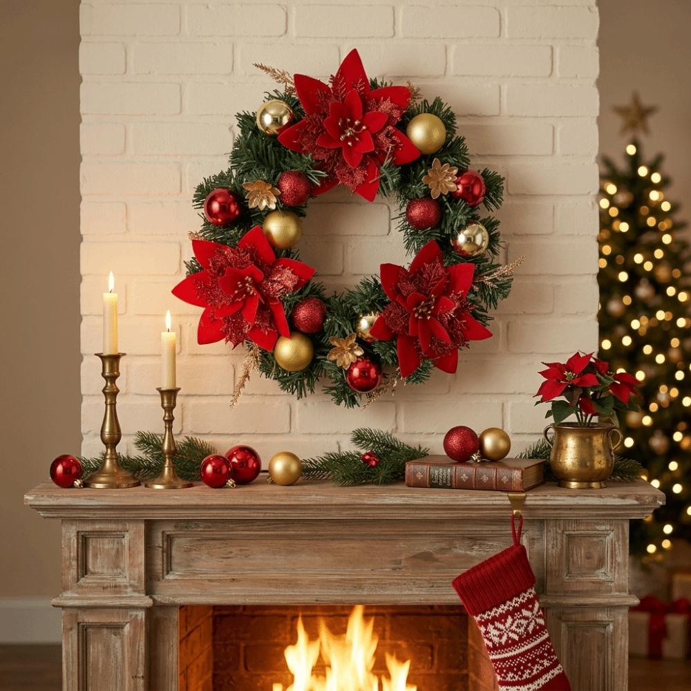 Red Flower Christmas Wreath Realistic Design Faux Greenery Wreath Xmas Artificial Garland  Holiday