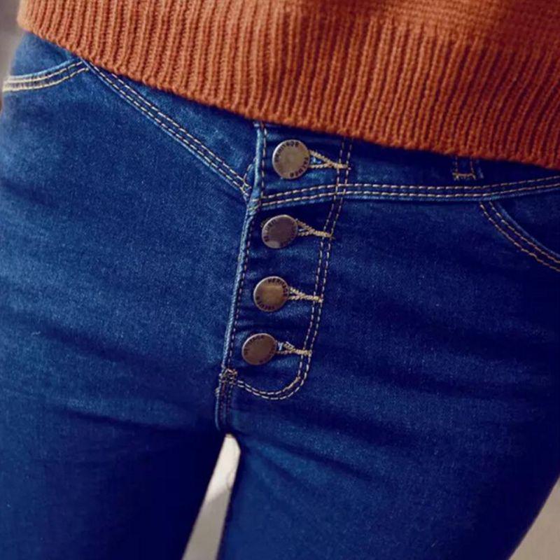 Bequeme, eng anliegende Cowboyhose mit hoher Taille und fünf Knöpfen für Damen, einfarbig, schmale, lange Curling-Fußhose