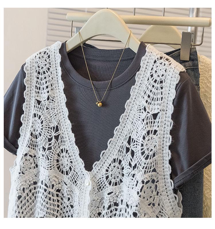 Elegant Plus Size Women's Floral Crochet T-Shirt and Vest Set - Korean Design