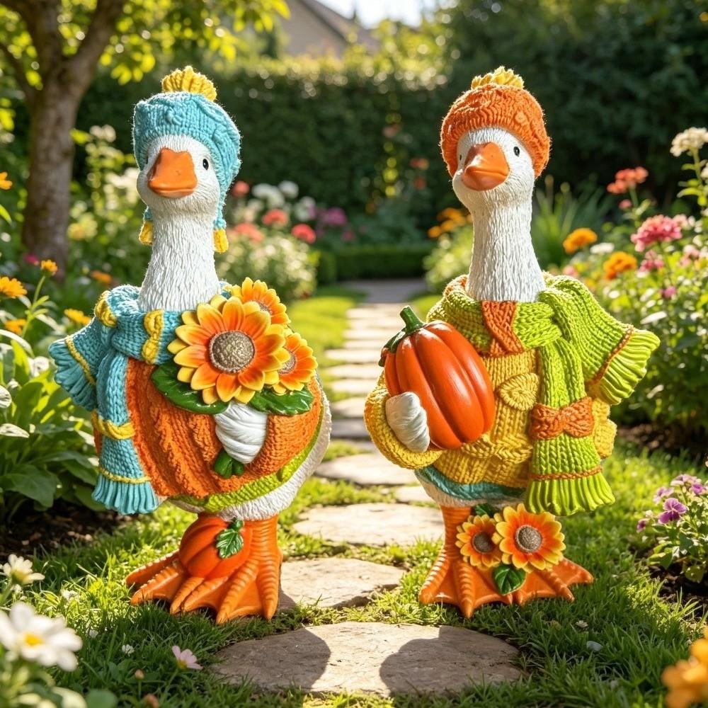 Rustic Style Autumn Pumpkin Duck Ornament Colorful Duck Figurine Goose Statue Lawn Ornament  Yard