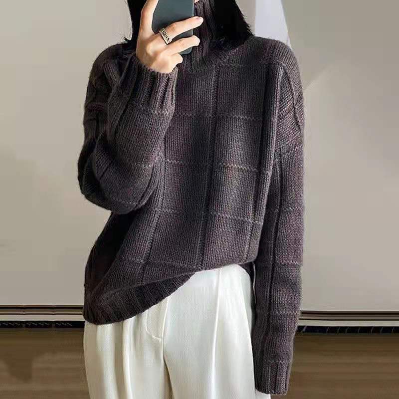 

Повседневный универсальный вязаный базовый свитер осень-зима однотонный свободный клетчатый свитер с высоким воротом для женщин пуловер One Size(40-65kg) темно-серого