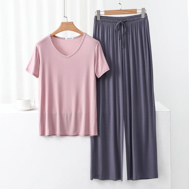 Modal Homewear 2pcs Pajamas Set Short Sleeve Tops and Trousers Solid Color Casual Loose Sleepwear Suit Plus Size Nightwear