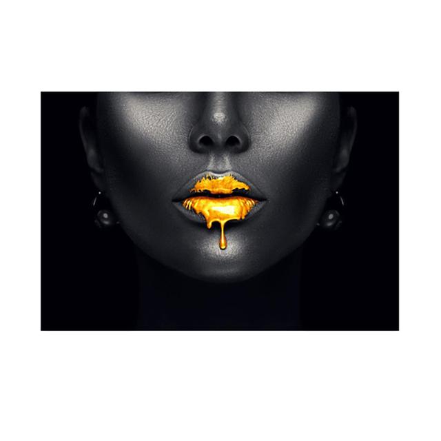 Svarta gyllene läppar målning på duk Sexig kvinna mun posters Väggbilder för vardagsrum Heminredning Silver läppar Cuadros