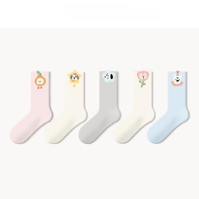 5 Pairs of Female Spring and Summer Cute All Match Cartoon Animal Tube Socks
