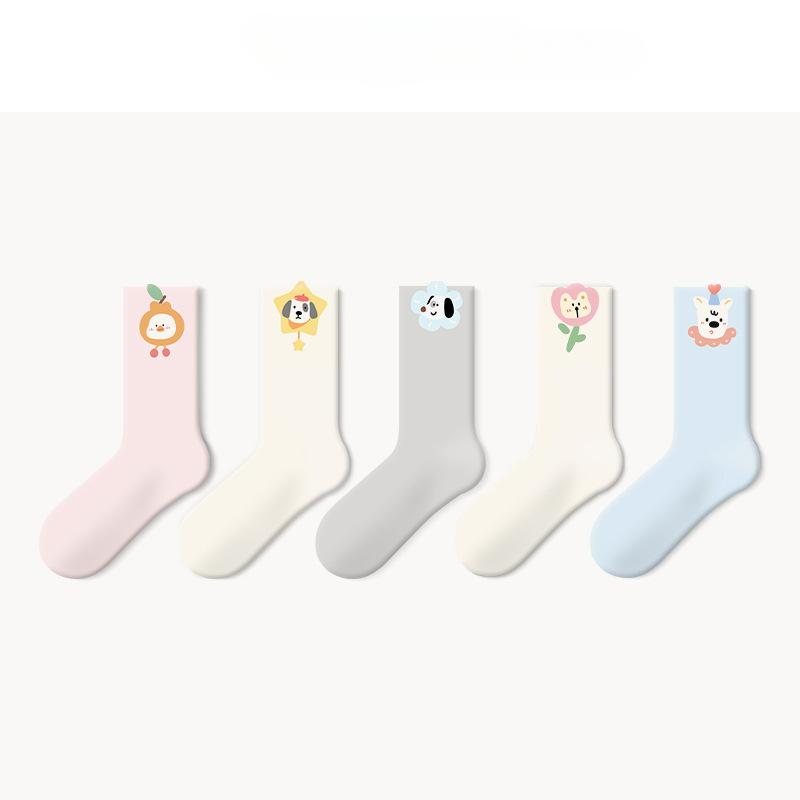 

5 Pairs of Female Spring and Summer Cute All Match Cartoon Animal Tube Socks 5 Pairs