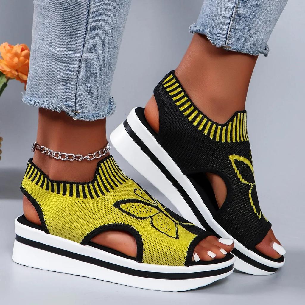 Fashion 2024 Summer New Women Sandals Round Toe Platform Sole Mesh Single Women Shoes Casual Fashion Blue Butterfly Plus Size Sandals