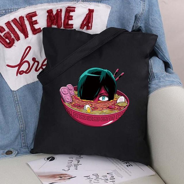 Women Shopping Bags Cute Cartoons Pattern Series Eco Shopper Shoulder Bag Fashion Black Printing Folding Handbag Canvas Tote Bag