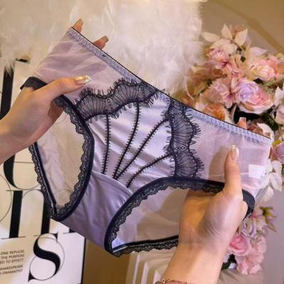 Women's High-Grade Satin Lace Thong - Sexy Crossed Eyelash, Soft Luxury, Breathable Mesh