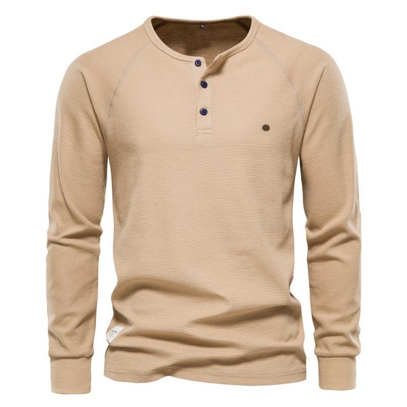 Autumn Winter Men's Base Shirt Henry Collar Long Sleeve Waffle T-shirt
