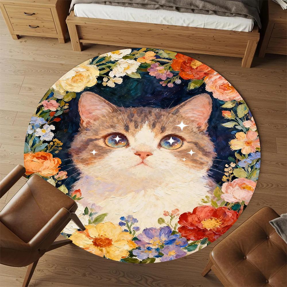 1pc cat flowers Round Chair mat office Area Rug - Non-Slip, Floor Mat for Office, Bedroom, and Indoor Decor p127027