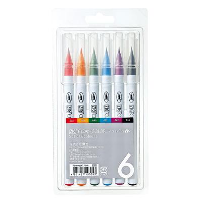 Μαρκαδόροι Kuretake Zig Clean Color Real Brush, Σετ 6 - Ζωντανά Χρώματα, Ευέλικτες Μύτες Πινέλου για Εφέ Ακουαρέλας