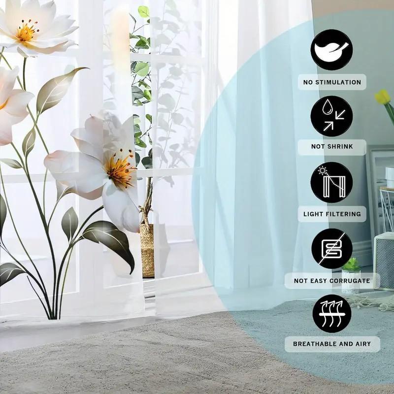 2 szt. miękkie i eleganckie jasnobiałe zasłony kwiatowe: nadaje się do nauki/codziennego użytku   prosty styl   styl słupkowy
