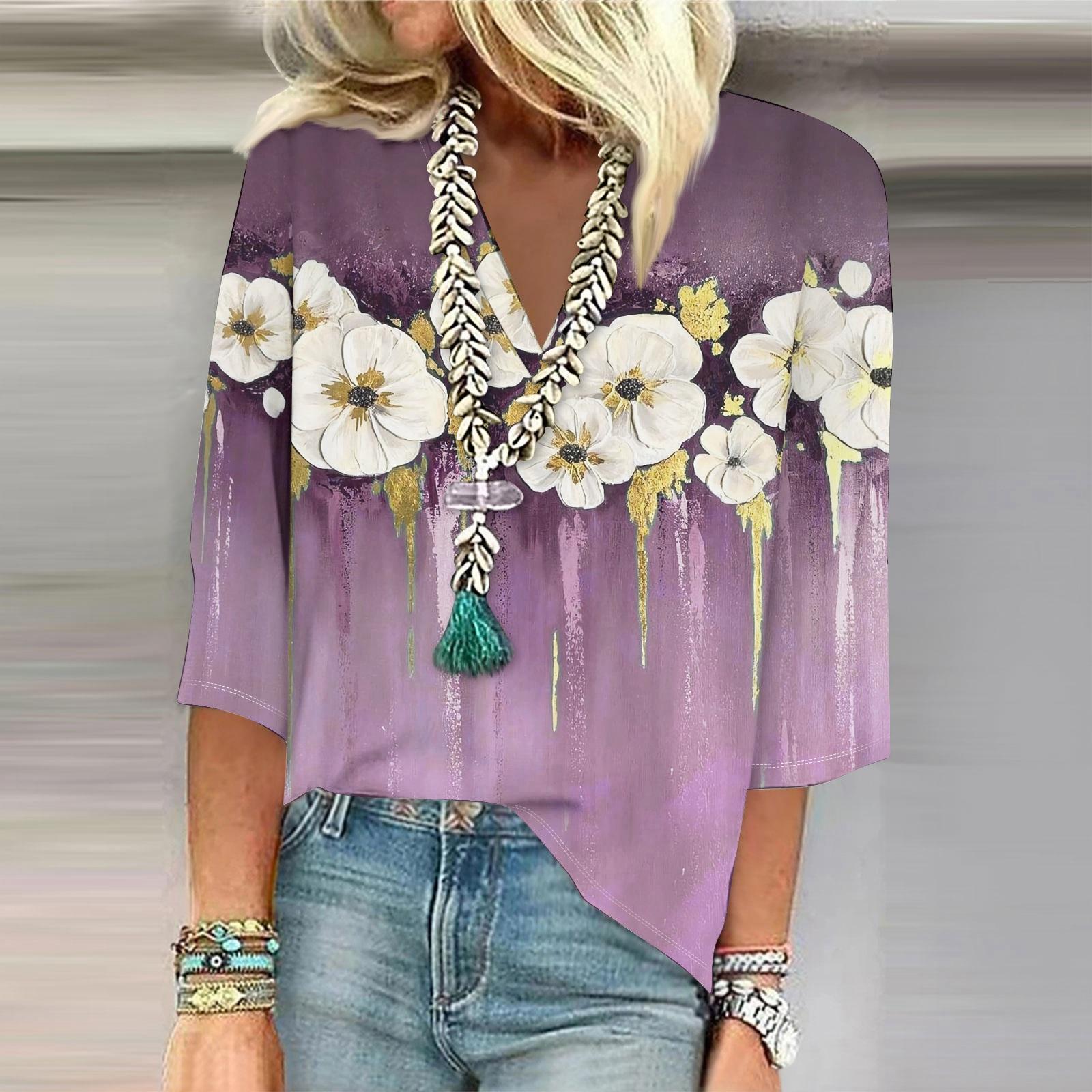 

Женская рубашка-блузка повседневные свободные рубашки с рукавом 3/4 и принтом с V-образным вырезом Топы Футболки Футболка XL розовый