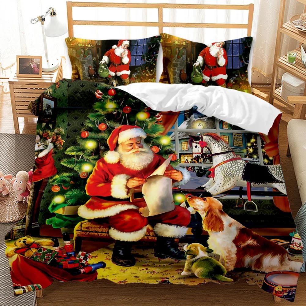 Christmas Duvet Cover Set Cartoon Merry Chirstmas Bedding Set Happy Santa Claus Polyester Quilt Set Pillowcase Double Queen King