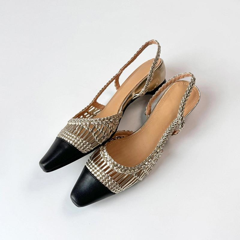 

Sheepskin retro style pointed head color matching hollow woven high-heeled sandals women s summer buckle strap bag head shoes 40