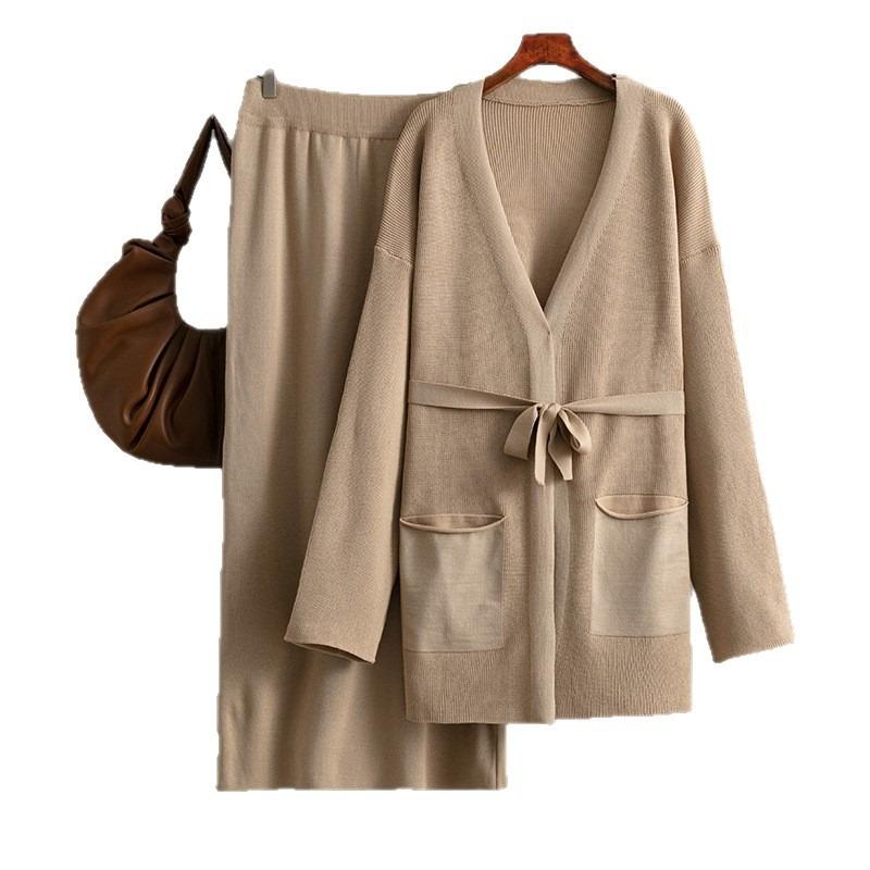Fashion Suit Women's Autumn and Winter Collar Loose Knitted Lace-up Cardigan Jacket + Skirt Two-piece Set