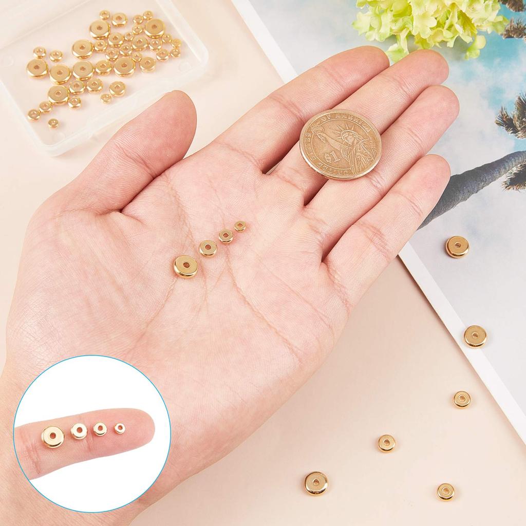 UNICRAFTALE Approximately 48 Pieces 4 Types Rondelle Beads Flat Stainless Steel Beads Flat Round Beads Spacer Beads Golden Metal Beads Metal Beads