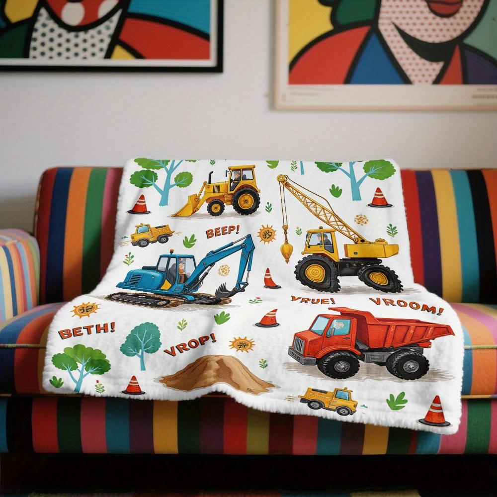 Cartoon Construction Vehicles Throw Blanket - Vibrant Tractor Excavator Kids Pattern Cozy Soft Accent for Bed Couch Car Decor