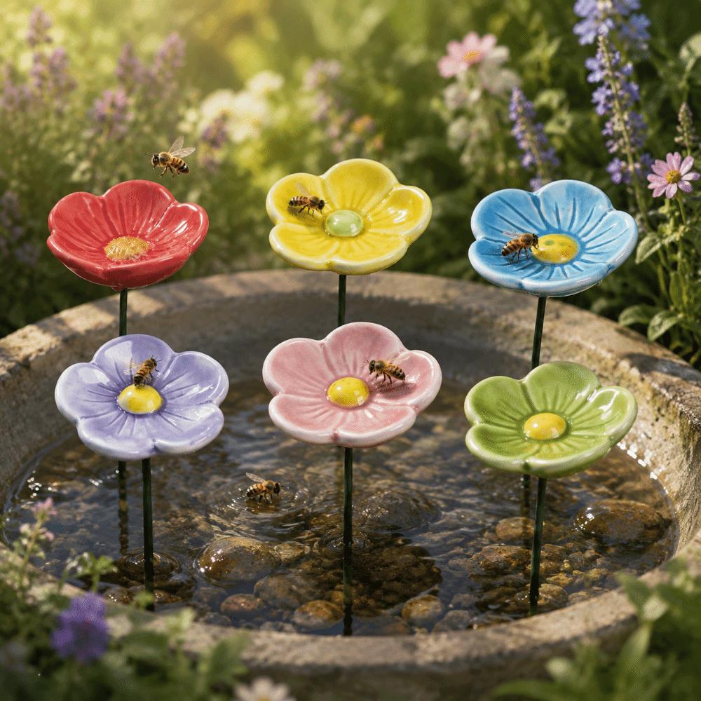 3pcs Ceramic Bee Butterfly Water Dispenser Colorful Artificial Flower  Garden Stake