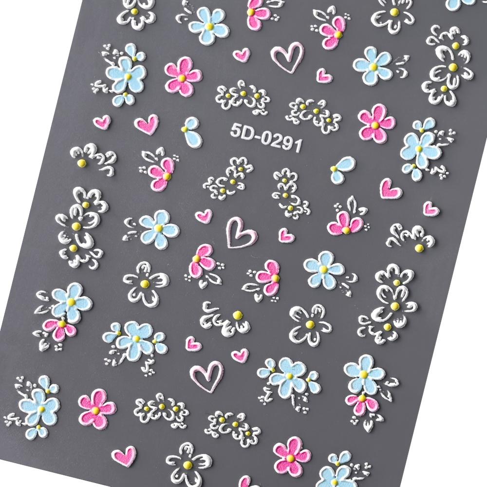 1PC 5D Floral Nail Stickers, Pink Blue Flower Butterfly Heart French Line, Spring Acrylic Decals Slider for Manicure Gift