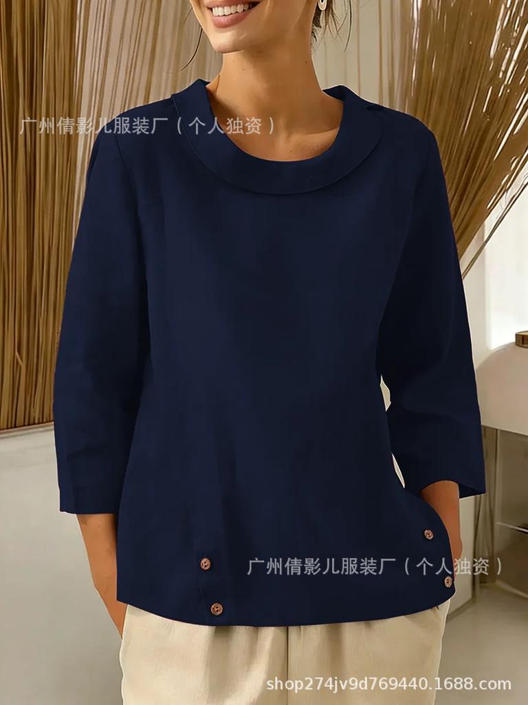 2026 Cotton Linen Plus Size Women's Sailor Collar Top - Loose & Slimming Solid Color Casual Shirt